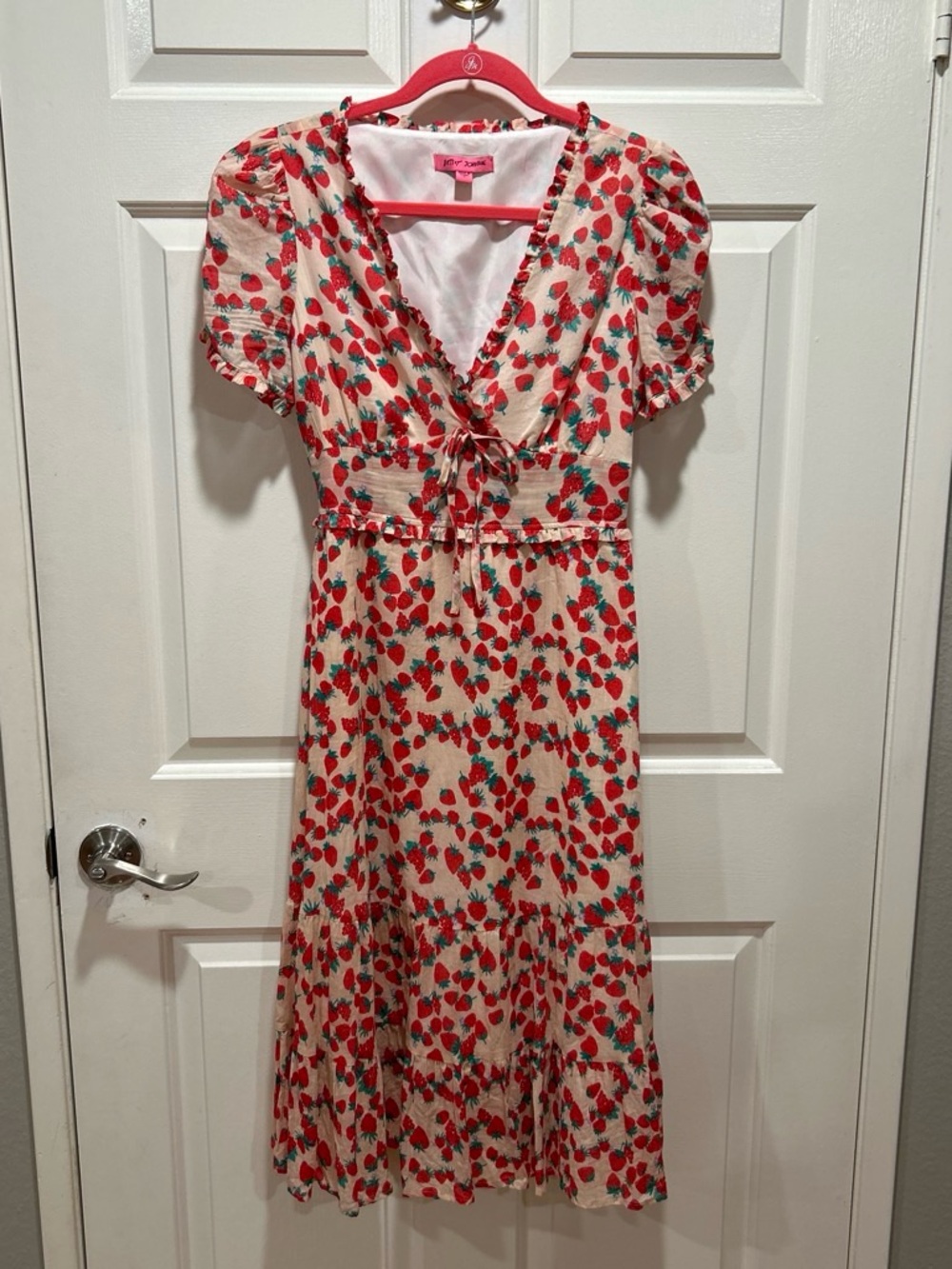 Betsey Johnson Cream Dress with Red Strawberry Print Sz S